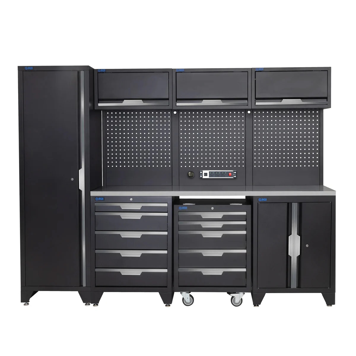 SGS 10pc Garage Storage System | 10 Drawers | Stainless Steel Worktop | Tall Single Cabinet | Floor Cabinet | Mobile Cabinet | 3x Upper Cabinets | Pegboard with Power Strip